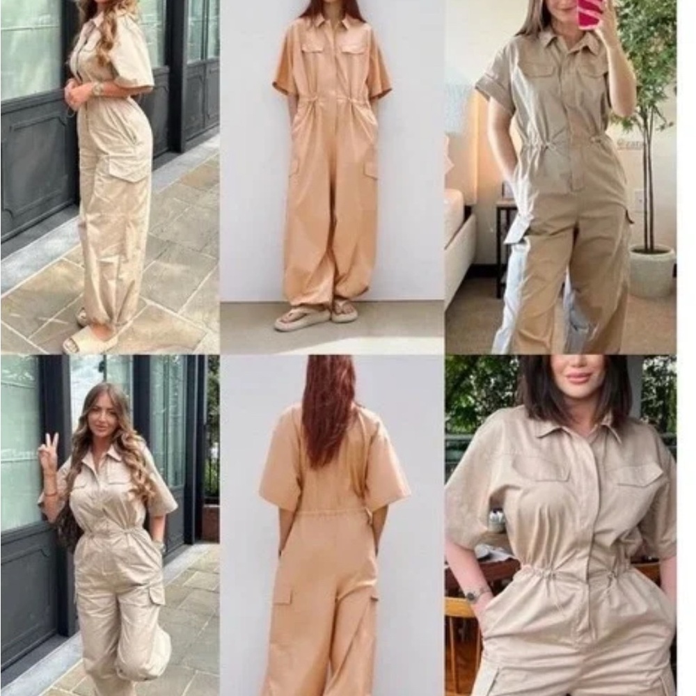 NEW Zara Utility Tan Jumpsuit Parachute short sleeve oversized XS Gabardine